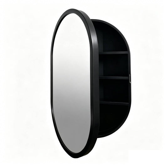 CHER-BUEATY Medicine Cabinet Oval Bathroom Mirror Solid Wood Cabinets Wall Hanging Mirror Surface Wall Mounted Solid Wood Circular Frame 4 Level 19.7 X 30.7 inch(Style B, Black)