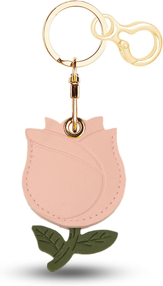 Leather Keychain for Airtag, Cute Protective Keychain Holder Compatible with Apple Air Tag,GPS Item Tracker Case Cover for Keys,Bags,Pets,Luggage(Rose)
