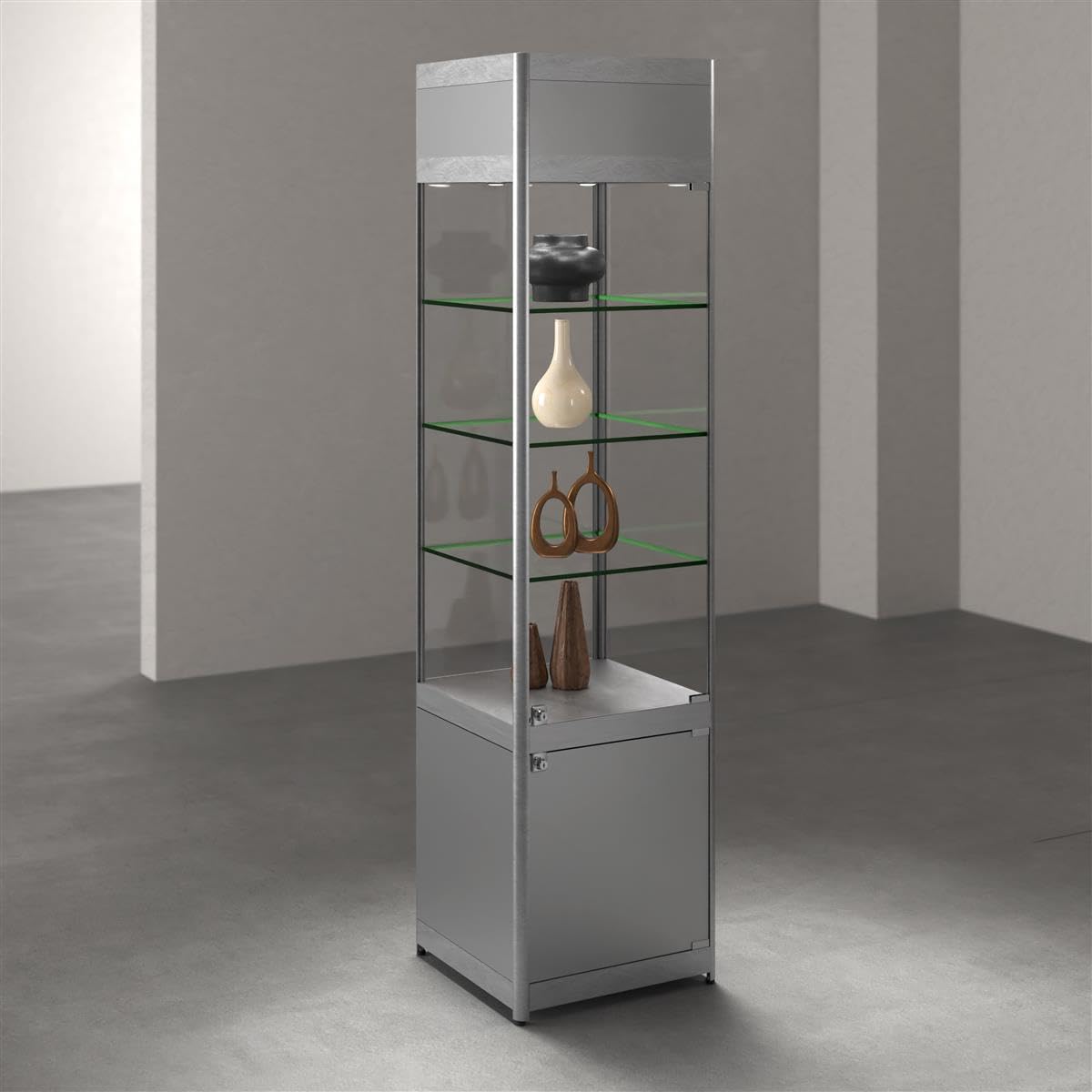 Displays2go, Retail Showcase Tower with Lighting, Laminated MDF, Aluminum, Tempered Glass, Silver (SCTWRLEDS)