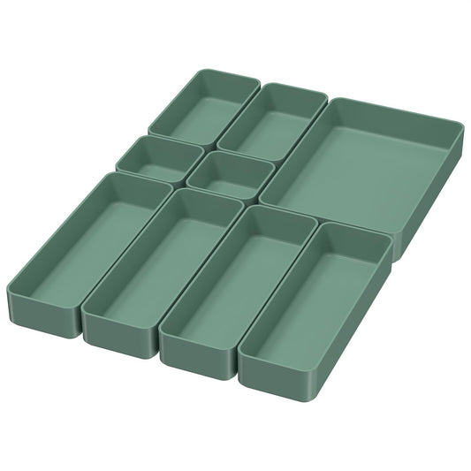 CHANCETSUI 9 Pcs Stackable Drawer Organizer Trays Set, Green, Multifunctional Storage for Vanity, Bathroom, Kitchen, Desk Drawer Organizer Office, PET Plastic