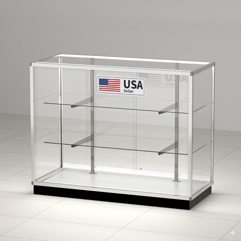 48" Glass Display Showcase Cabinet – Silver Aluminum Frame, Tempered Glass Shelves, Lockable Sliding Doors & LED Lighting – Extra Vision Retail Fixture for Stores, Exhibits & Collectibles