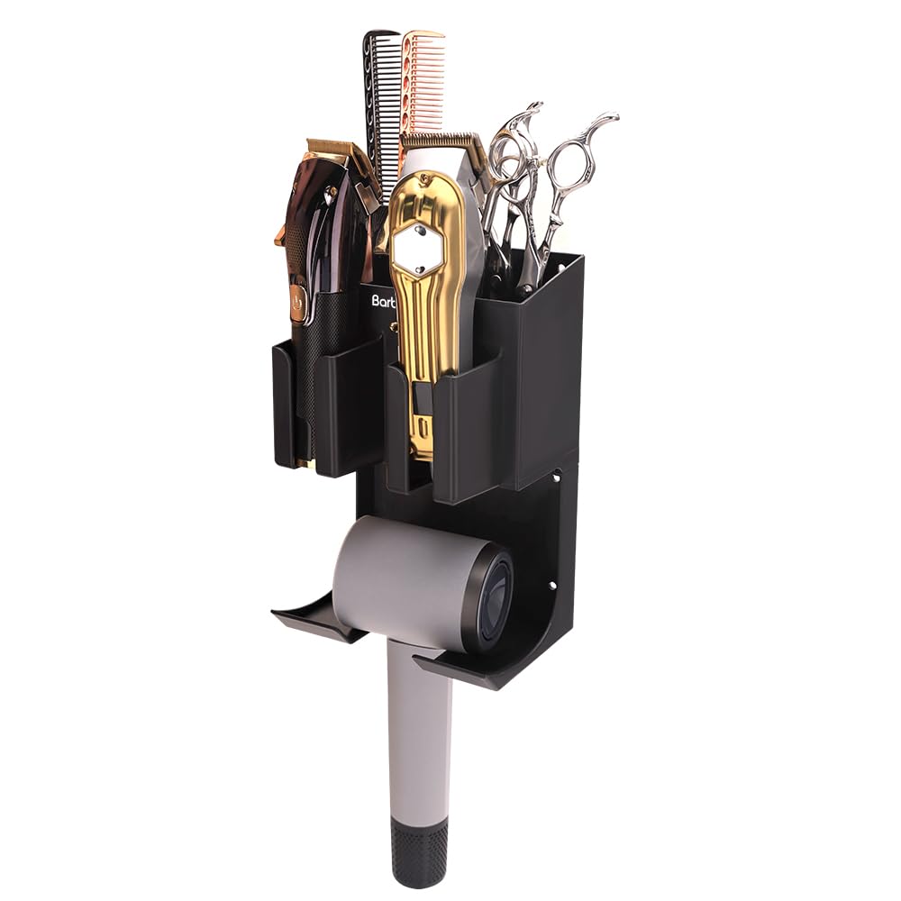 Hair Tool Organizer Wall Mounted, Hair Dryer and Styling Holder with Towel Bar, Bathroom Blow Dryer Holder, Farmhouse Vanity Caddy Storage Stand for Accessories Makeup(Black)