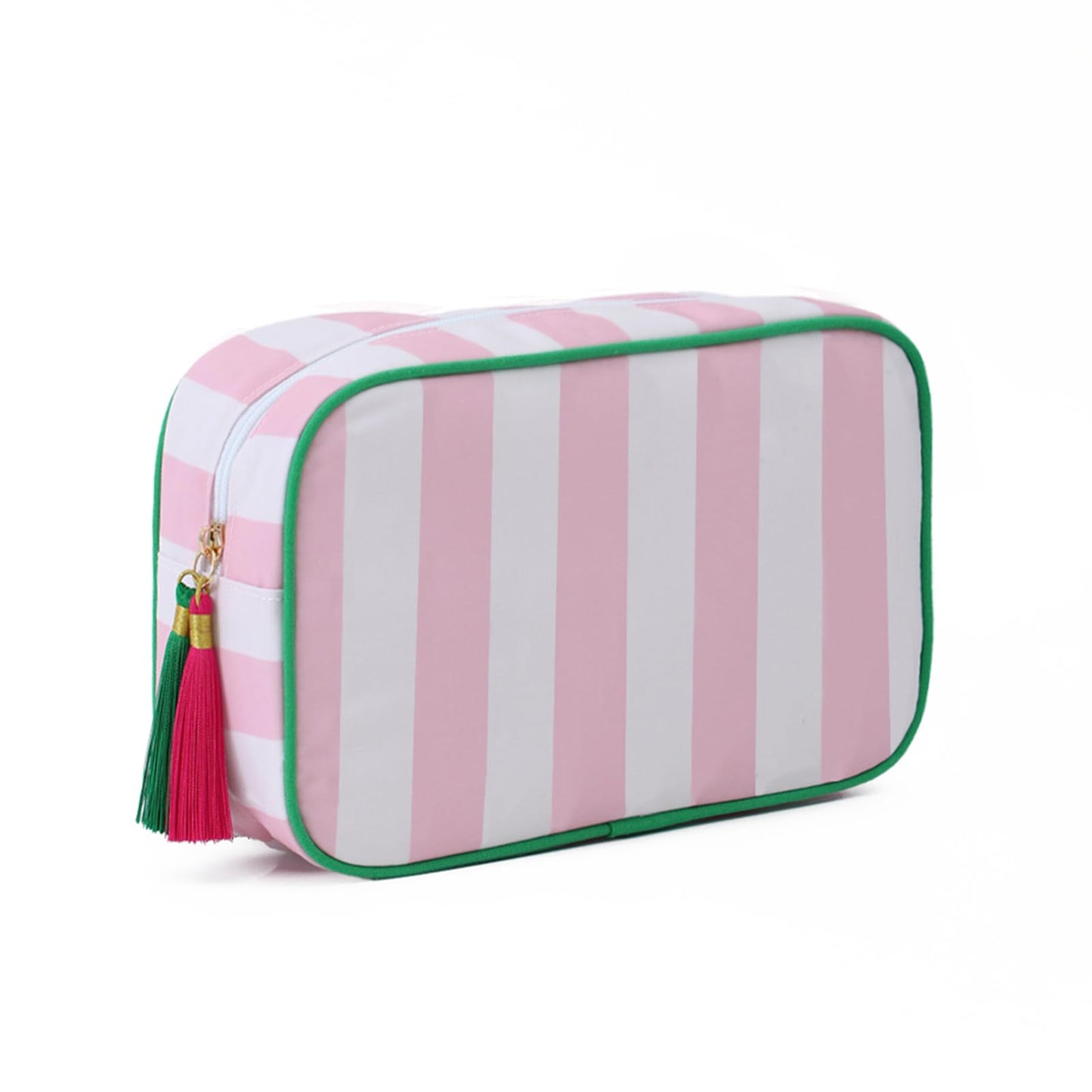 EMBRUNIOICE Stripe Makeup Bag Travel Cosmetic Bag Organizer Tassel Toiletry Bag Large Canvas Zipper Pouch and Mahjong Tile Bag (White with Pink)