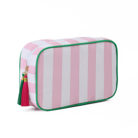 EMBRUNIOICE Stripe Makeup Bag Travel Cosmetic Bag Organizer Tassel Toiletry Bag Large Canvas Zipper Pouch and Mahjong Tile Bag (White with Pink)