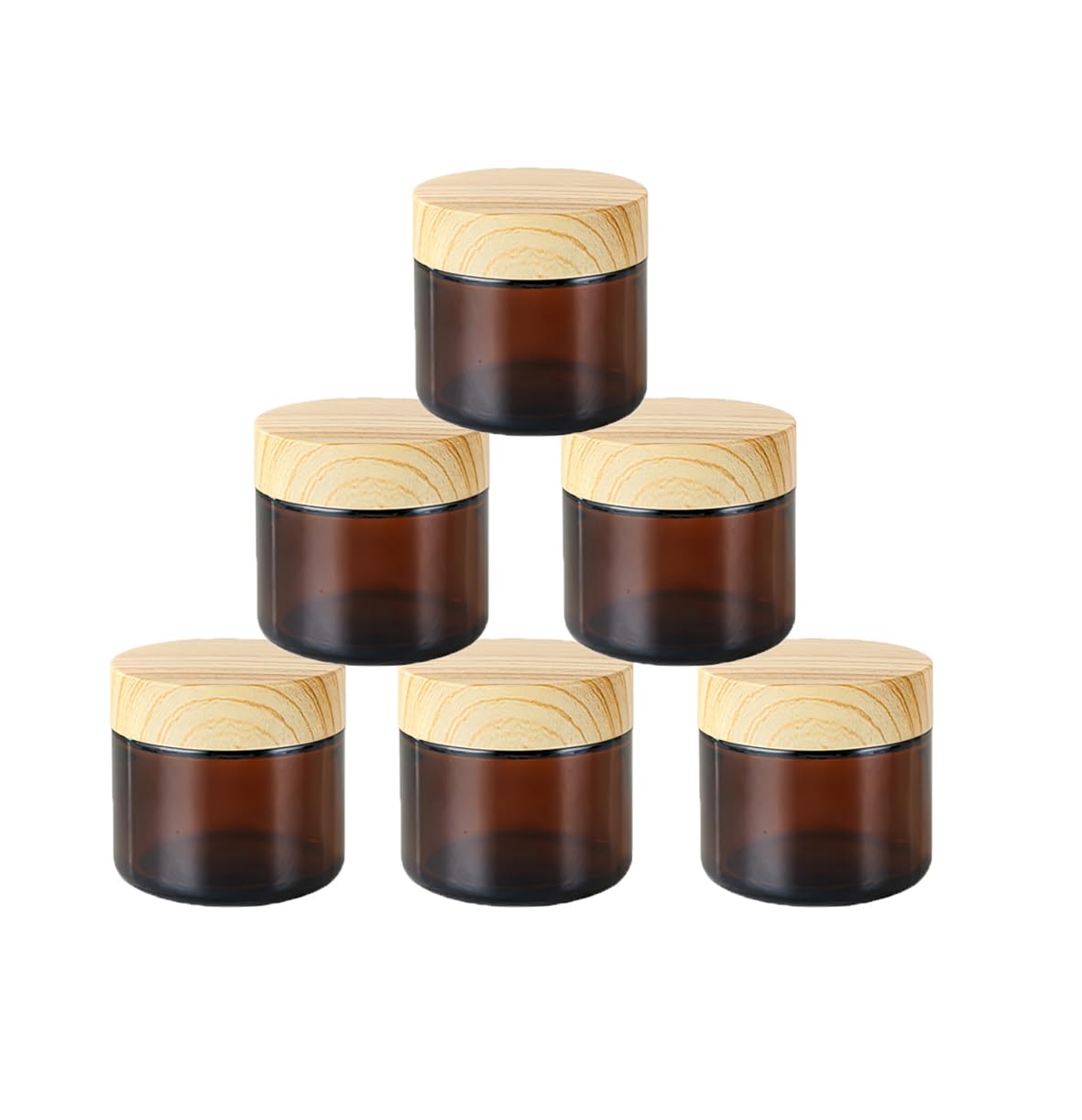 6 Pack 2 oz Amber Glass Cream Jar with Wood Grain Lids,60g Empty Refillable Cosmetic Containers Jar for Cream,Sample,Powder,Lotion,Body Butter,Ointments,Small Glass Jars Travel Containers