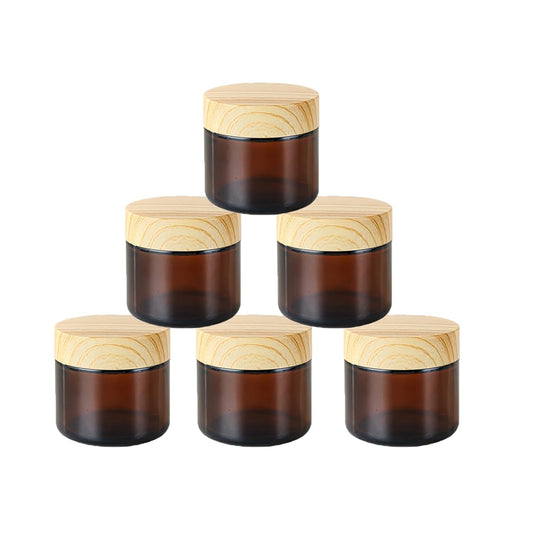 6 Pack 2 oz Amber Glass Cream Jar with Wood Grain Lids,60g Empty Refillable Cosmetic Containers Jar for Cream,Sample,Powder,Lotion,Body Butter,Ointments,Small Glass Jars Travel Containers
