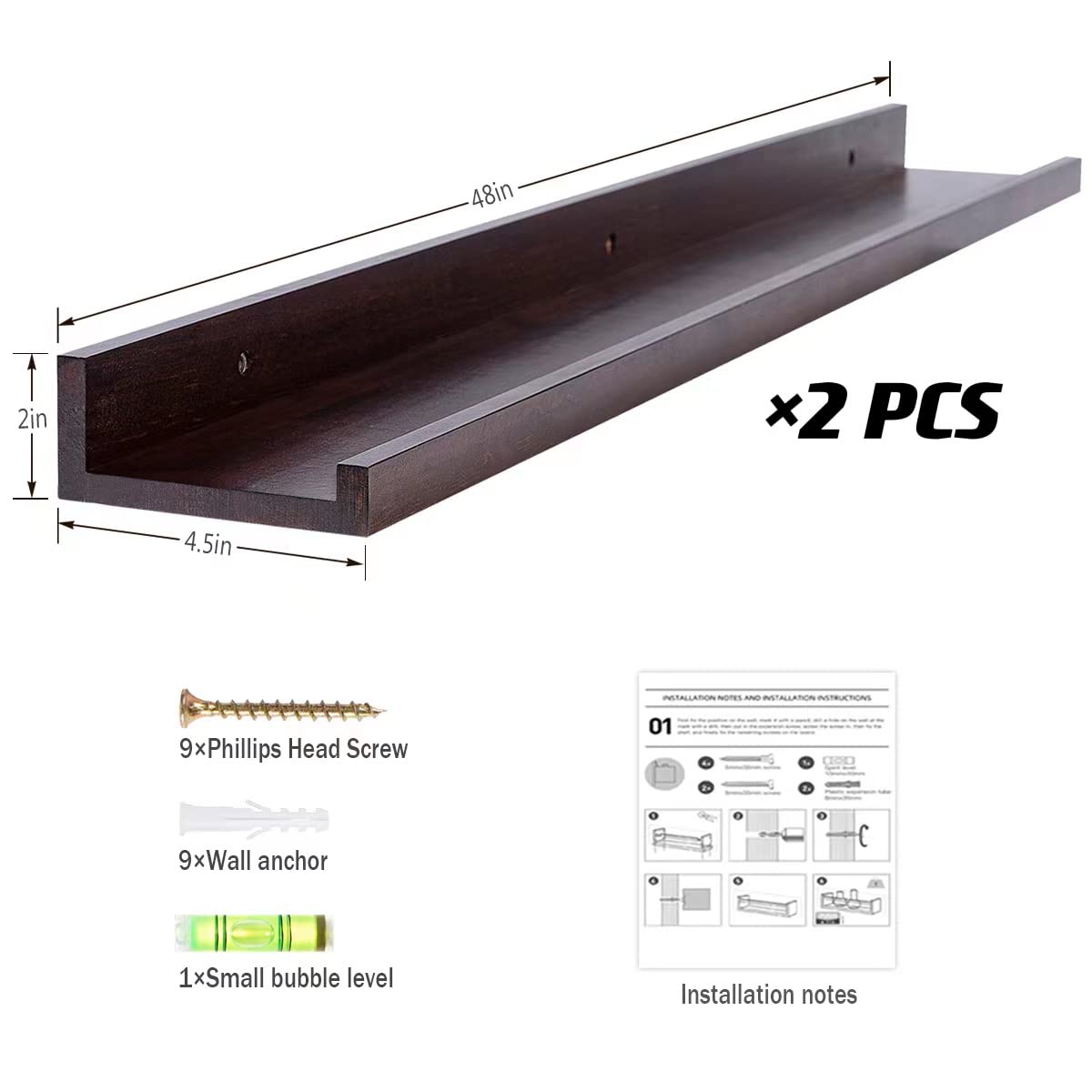 AZSKY 48 Inch Long Floating Shelves for Wall Large Picture Ledge Walnut Photo Ledge Wall Shelf Bookshelf for Home Decor Bathroom Kitchen Spice Rack Gallery Kids Book