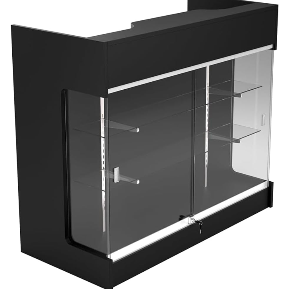 Wisdomfur 4ft Retail Checkout Counter with Glass Display – Black Ledge Top Store Counter with Tempered Glass, Locking Drawers & Storage Shelves, Boutique Display Cabinet for Shops & Boutiques