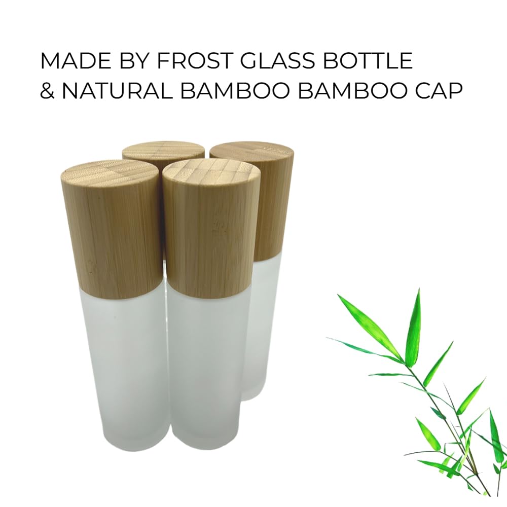 BEECO GIF2U Empty Cosmetic Bottles 3.3oz/100ml 4 PACK with Bamboo Cap,Frosted Glass Lotion Pump DispenserRefillable Emulsion Cosmetic Cream Bottles, Toiletries Refill Travel Containers(Frost Clear)