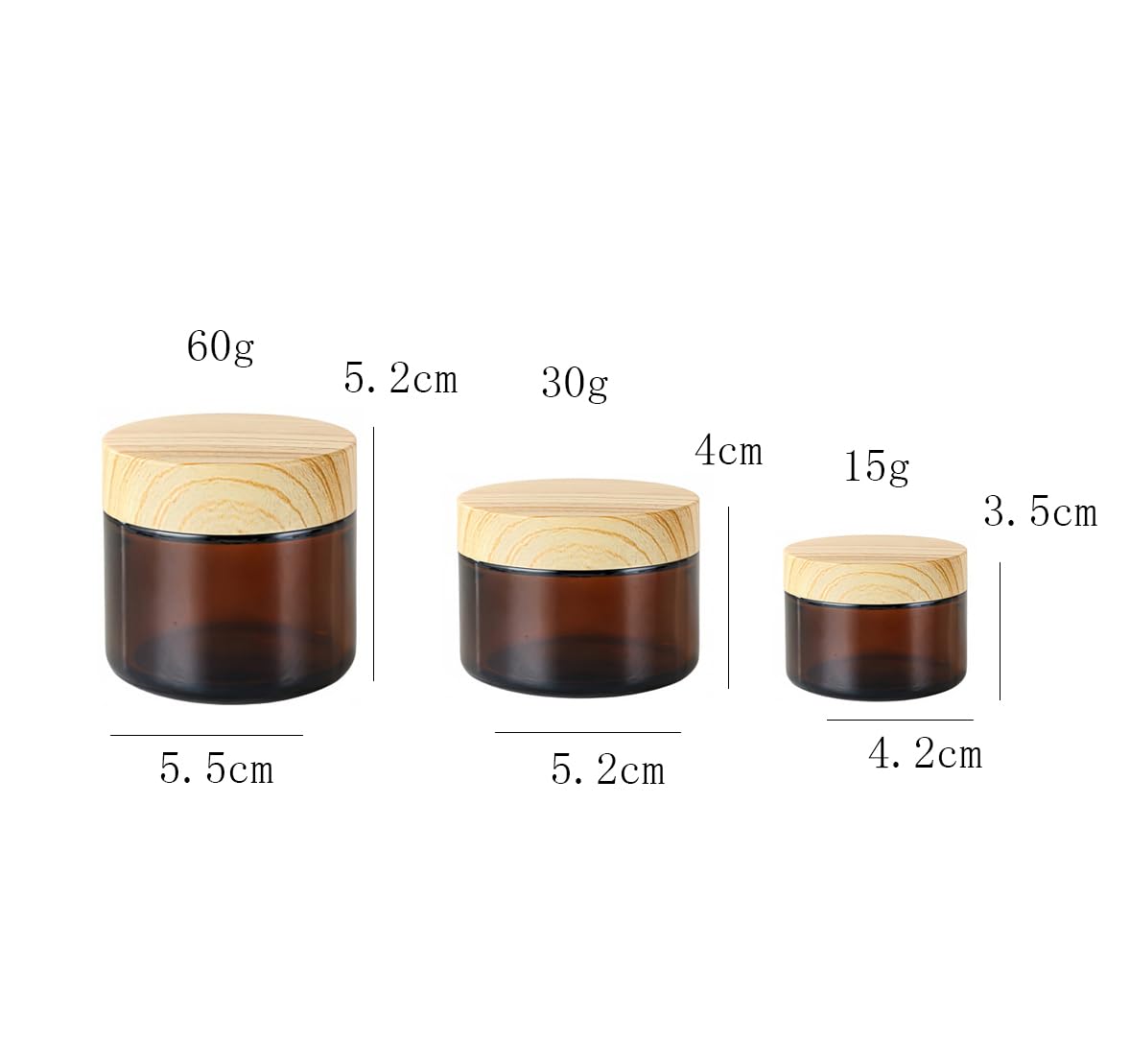 6 Pack 1 oz Glass Cosmetic Jars with Wood Grain Lids and Inner Liners,Amber 30g Cream Jar Reusable Travel Containers Glass Jars for Creams,Lotion,Ointmen,Makeup,Spice,Cosmetic,Sample