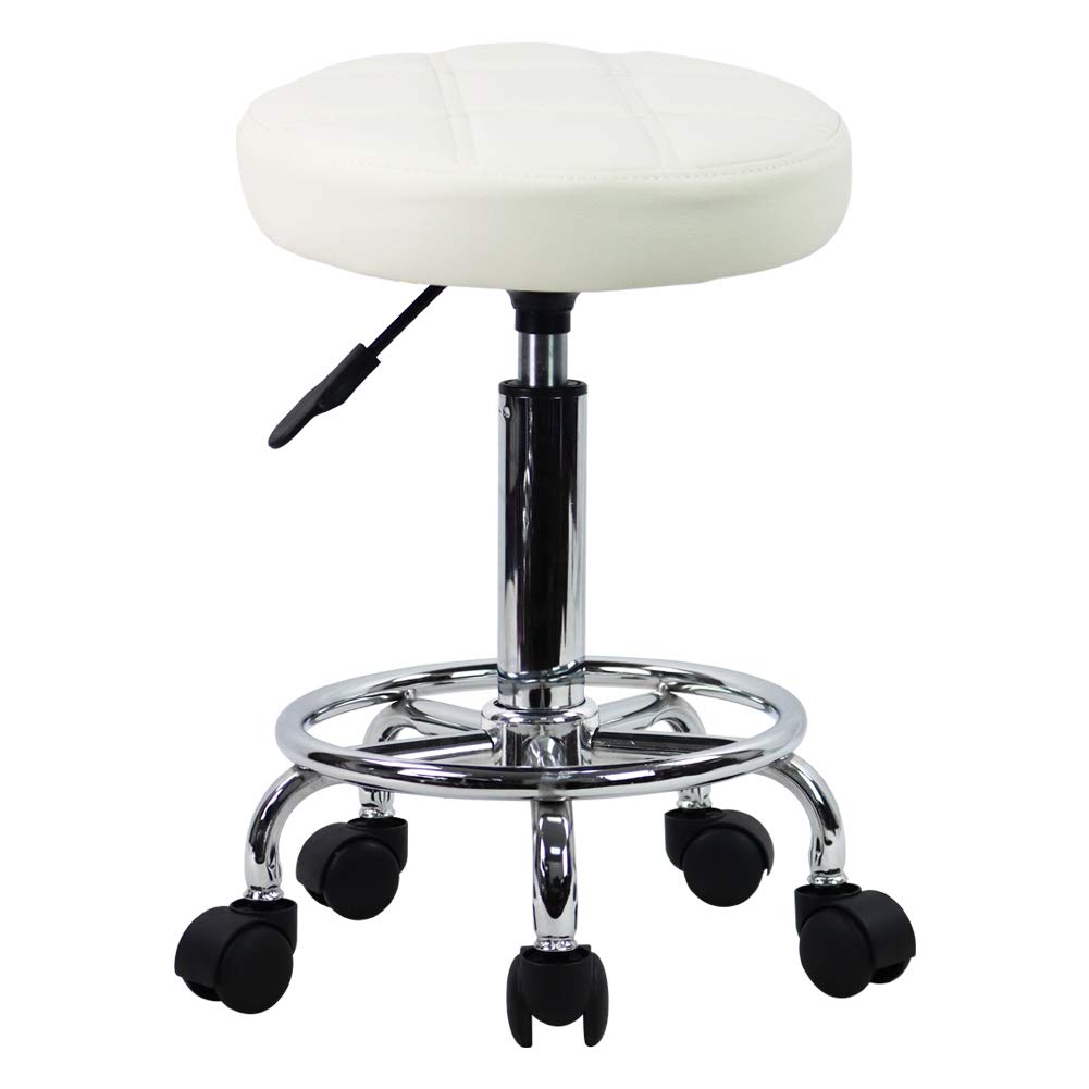 KKTONER Round Rolling Stool Chair PU Leather Height Adjustable Swivel Drafting Work SPA Shop Medical Salon Stools with Wheels Office Chair Small (White)