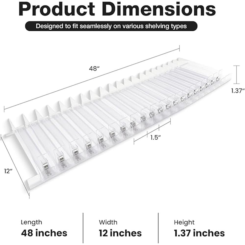 NEXTLEVEL FIT 20-Pack 4 FT Spring-Loaded Shelf Pushers for 12-Inch Gondola Shelves – 11N Strength, Weight Capacity Up to 29–38 oz Products