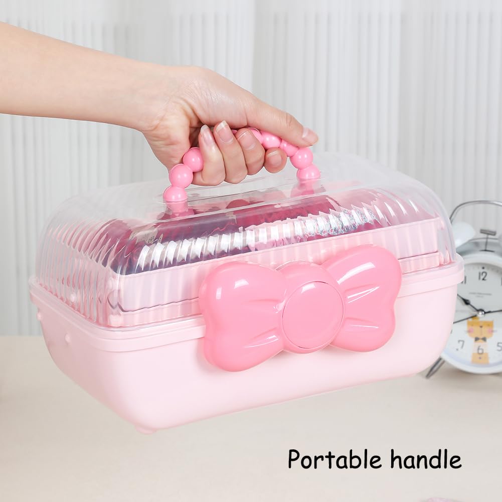 Huniupore Hair Accessories Organizer for Girls Headbands, Clips, Ties Baby Girl Supplies, Lockable Three-layer Folding Craft Organizers and Storage Plastic Jewelry Box,10.8 * 5.9 * 5.7in (Pink)