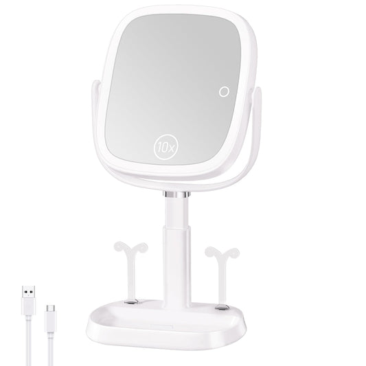 FRANO Vanity Mirror with Lights, Rectangular Lighted Makeup Mirror with 3 Color Lights, 1X/10X Magnification, Adjustable Height, 360° Rotation, 4000mAh Rechargeable for Desk, Gifts for Women