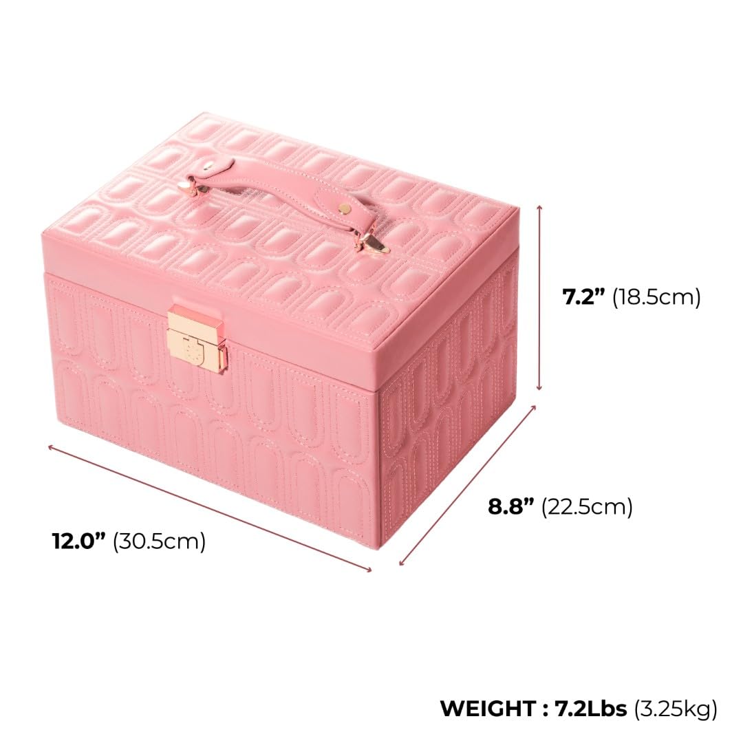 BILLSTONE Amour Large Rose Gold Jewelry Box, Jewelry Organizer and Storage with Multi Tray Compartments, Genuine Leather