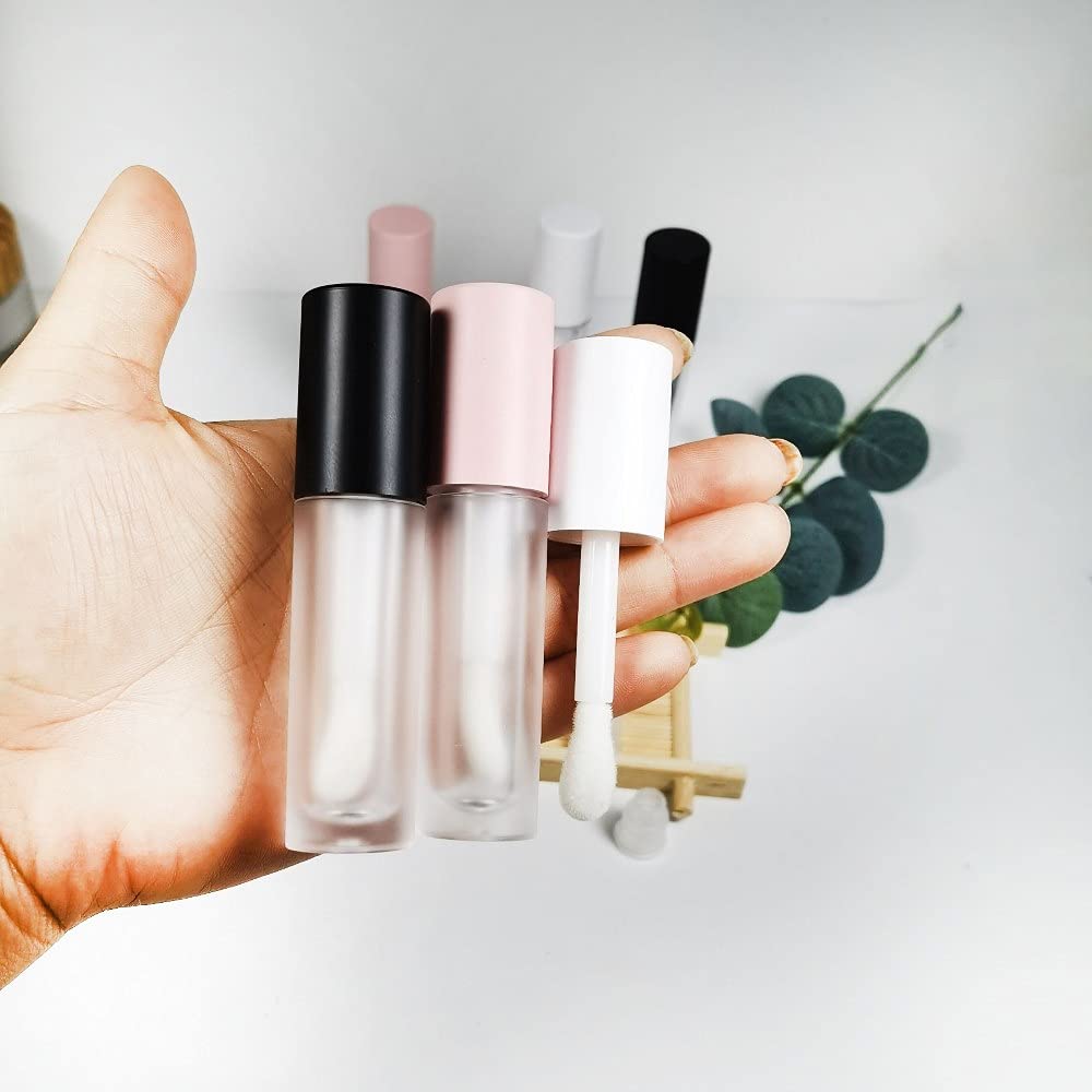 COSIDEA 24 pcs Empty 5ml big brush Frosted Black lip gloss tube Black round lipgloss tubes container with big doe foot wand cosmetic packing containers