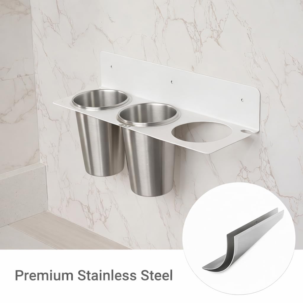 Hair Tool Organizer Wall Mount, Stainless Steel Hair Tool Holder with 2 Heat-Resistant Cups, Curling Iron Holder for Vanity, Hot Tools Organizer with PVC Ring,Hair Dryer Holder for Bathroom, BANJEKT