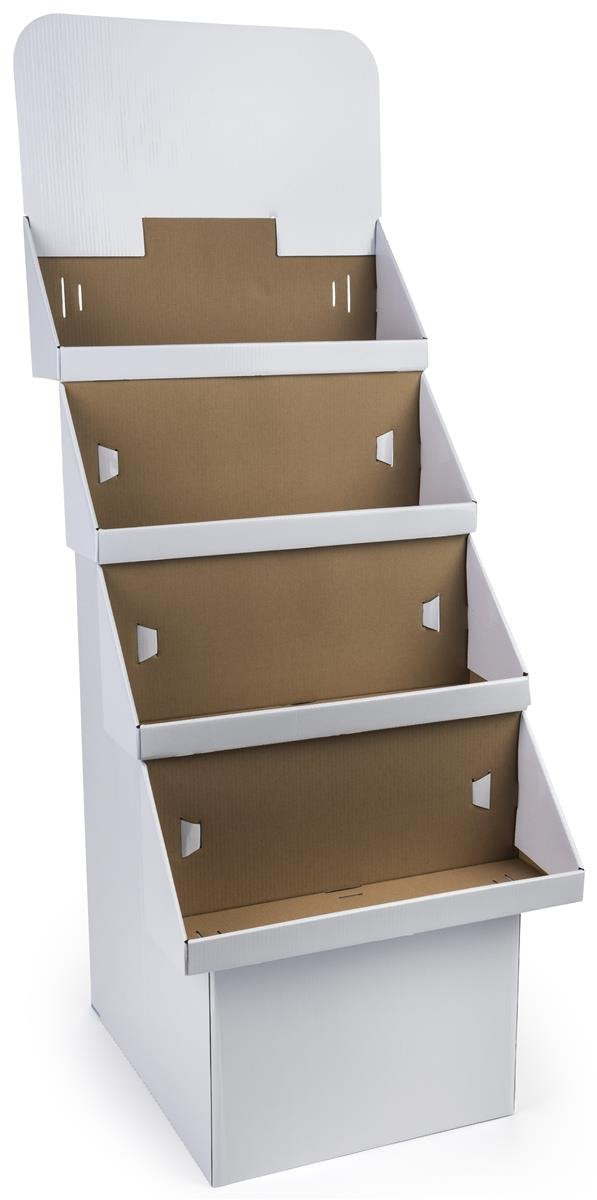 Displays2go 4‑Tier Cardboard Dump Bin Display, Point of Purchase Floor Merchandising Stand with Removable Header, White Corrugated – Set of 2 (4TCBFDWT)