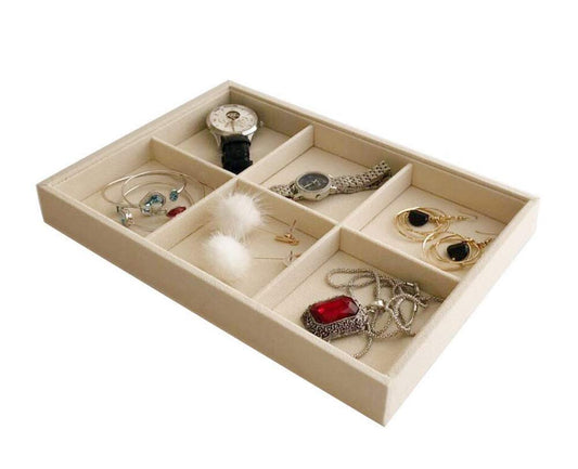 Beige Jewelry Organizer Tray 6 Compartment Medium, Stackable Display Tray for Watches Earrings Bracelets Necklaces, Removable Dividers, Slim Drawer Insert, Dressing Table Vanity Home Retail