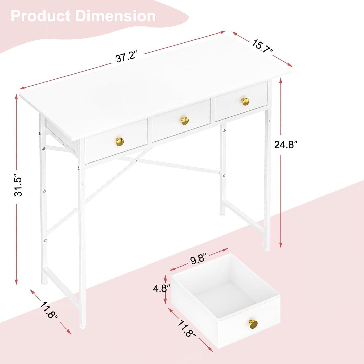 DAOUTIME Makeup Vanity Desk No Mirror, 37.2 Inch Vanity with 3 Drawers, Girls Vanity Dressing Table for Bedroom, Small Vanity Table Home Office Desk for Small Spaces, White