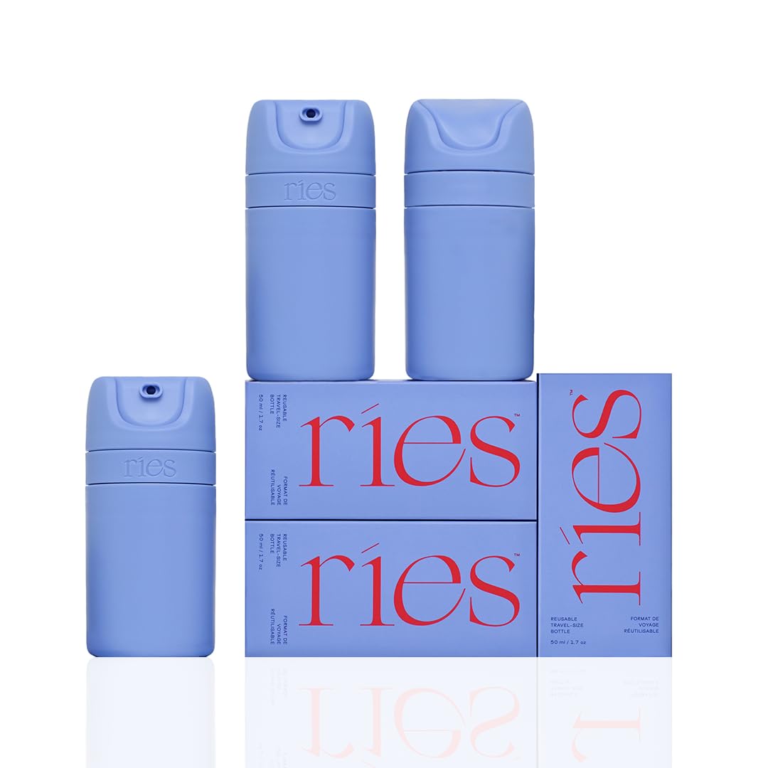 RIES Airless Pump Travel Bottles | Set of 3 Tsa Approved Leak Proof Containers | 1.7 oz BPA Free Refillable Travel Size Bottles | Runway Blue