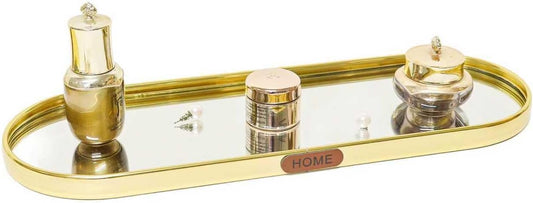 SEMSOIIO Gold Mirrored Vanity Tray, Small Oval Stainless Steel Perfume Organizer, Decorative Glass Mirror Tray for Jewelry, Makeup, Skincare, Bathroom Countertop & Nightstand Decor (11.8" x 3.9")