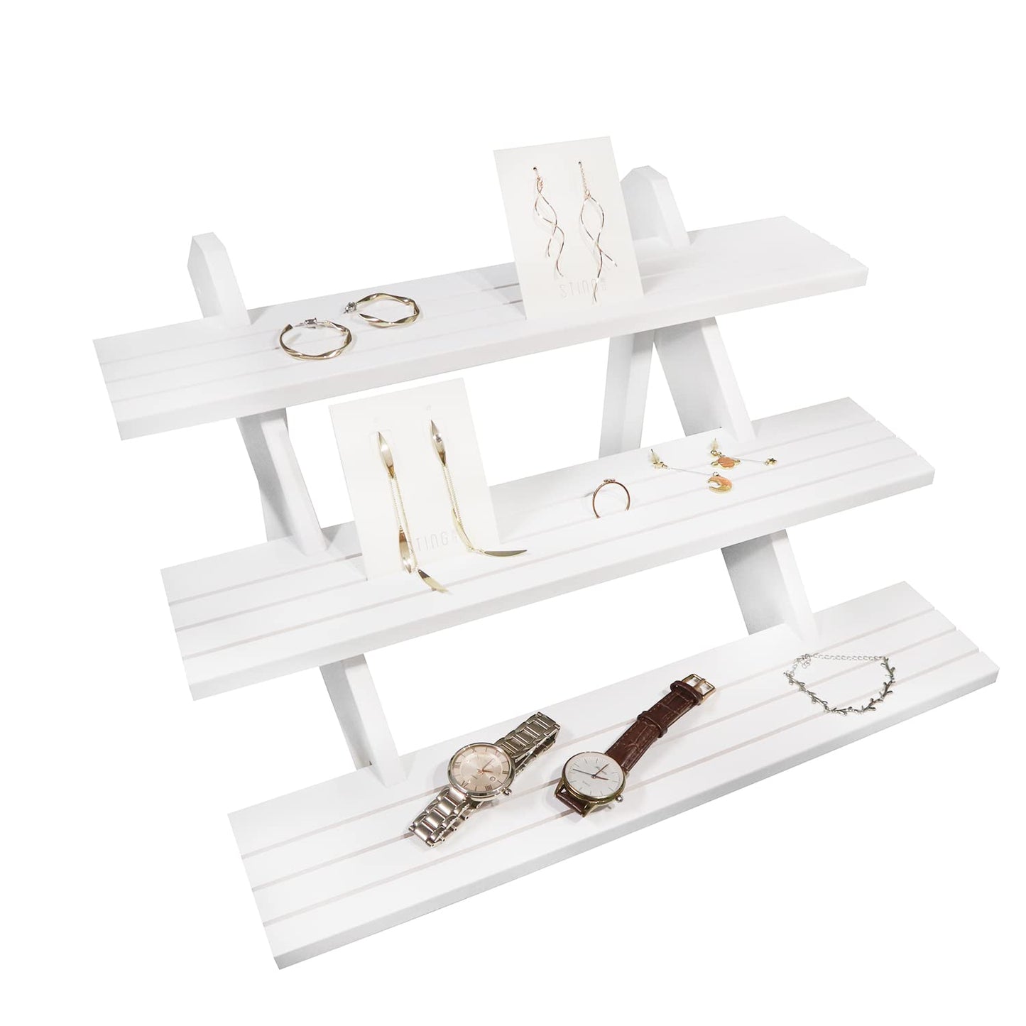 NAJMECHOY Retail Display Riser Earring & Ring Holder Brown Wood Stand Storage Shelf Rack Jewelry Rack Desktop Display Cup Rack Simple Frame (3-Tier-White)