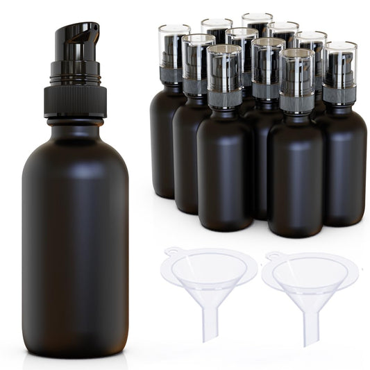 Jagolain 12Pack 2oz Black Glass Pump Bottles, 60ml with Black Pump, Empty Refillable Travel Small Container For Lotion Cream Essentil Oil Shampoo (60mlpumpBLK)