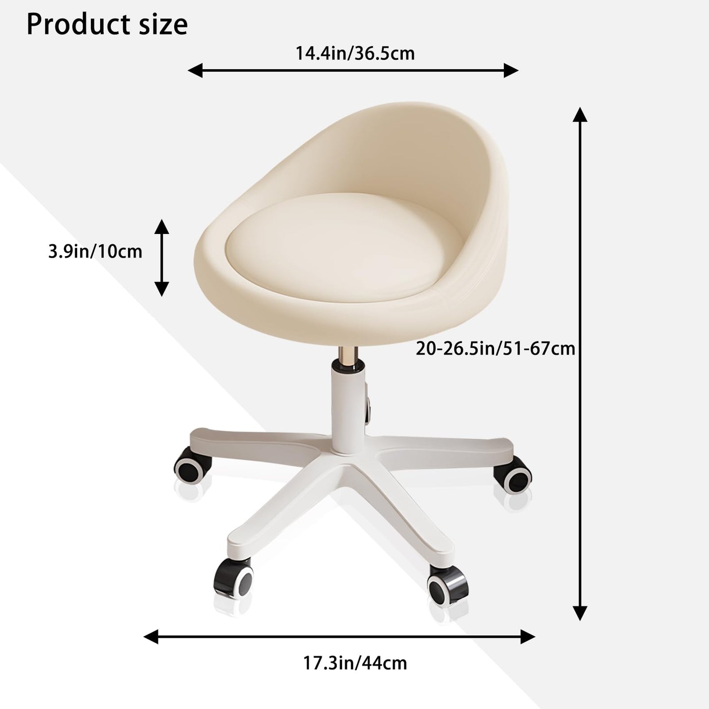 Timbertouch Rolling Stool – Ergonomic Swivel Seat, Adjustable Height, Ultra-Quiet Wheels, Padded PU Leather Cushion, for Salon, Office, Massage & Medical Use Beige