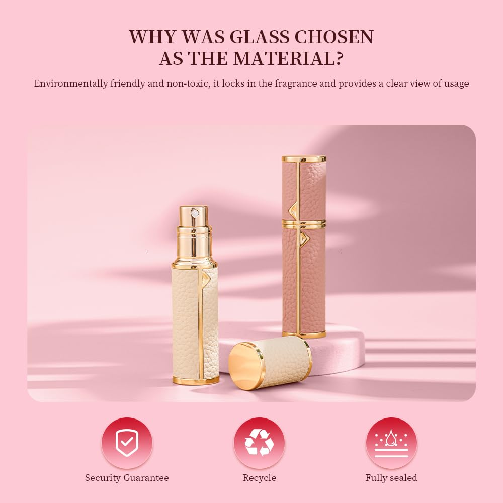 DIOHIO Atomizer Perfume Spray Bottle Refillable - 5ml Glass Inner Bottle with Premium Leather Case, Portable Travel Sprayer for Fragrance Lovers (White-Pink)