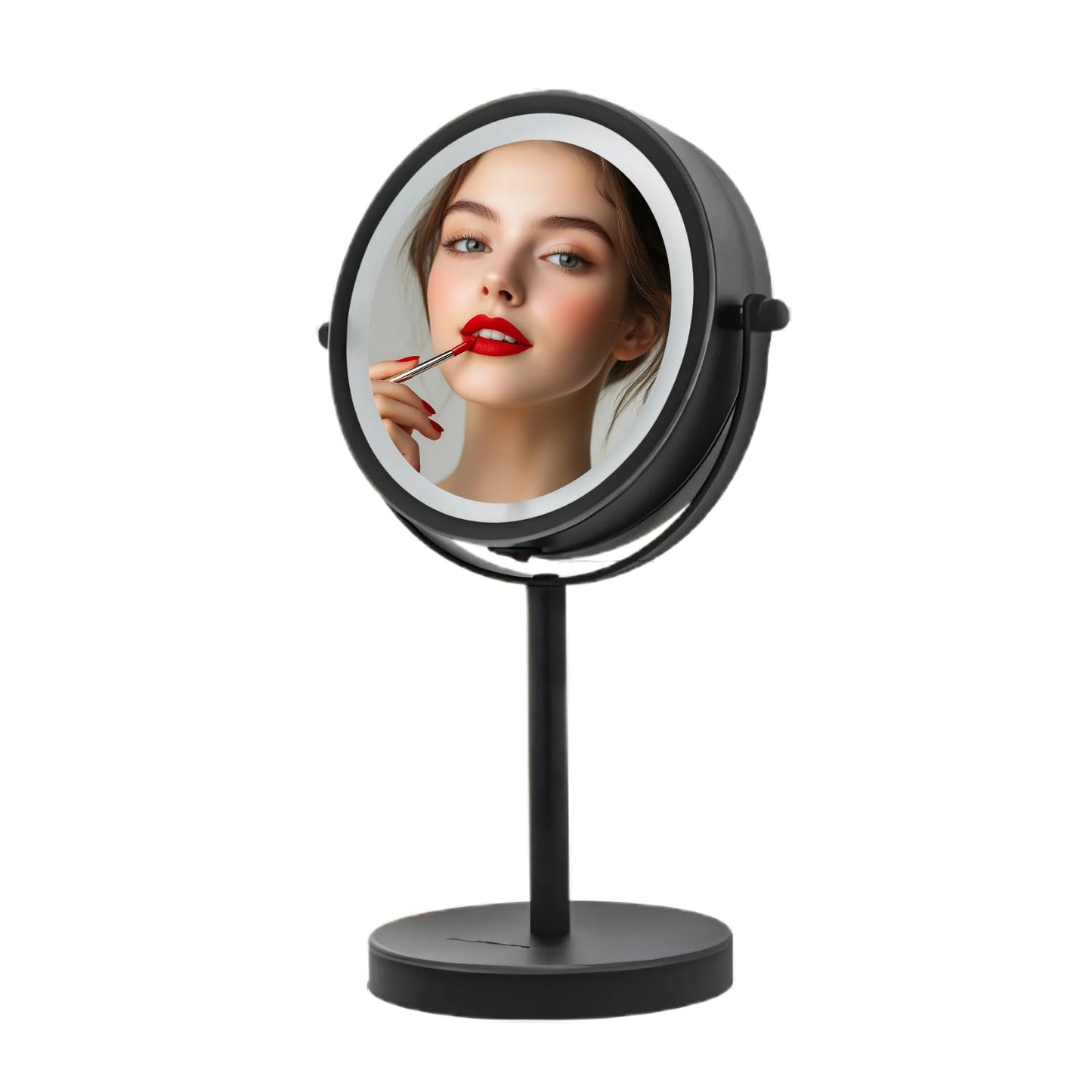 OVENTE 6" Lighted Makeup Mirror with 1X/7X Magnification, Cordless Tabletop Mount Vanity Round Mirror with 360° Swivel Design and Double Sided Cool Tone LED Ring Light, Matte Black MLT60B1X7X