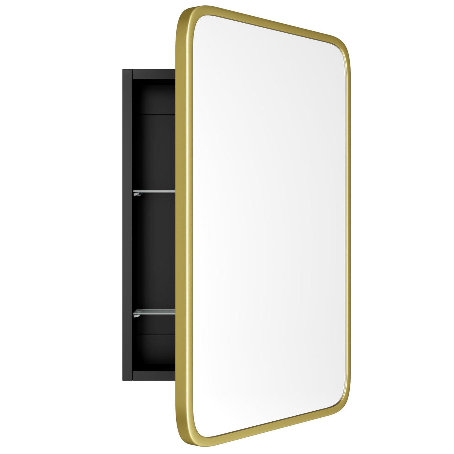AGDULL Vintage-Style Bathroom Medicine Cabinet, Surface Mount or Recessed, Wood Wall Cabinet with Brushed Gold Metal Frame Curved Mirror, Overall 16.5" W x 24" H