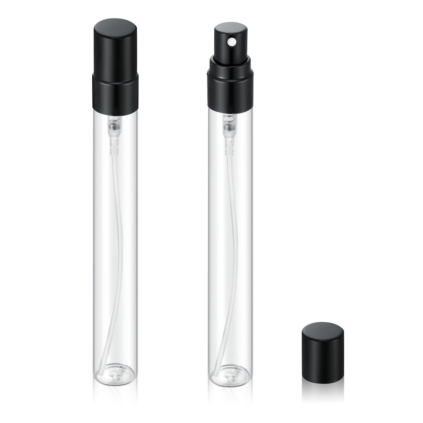 Jxcmeng 20Pcs 10ml Empty Clear Glass Mist Spray Bottle Refillable Mini Perfume Atomizer Travel Sample Bottle with Black Aluminized Nozzle Makeup Container for Perfume (10ml Black Caps)