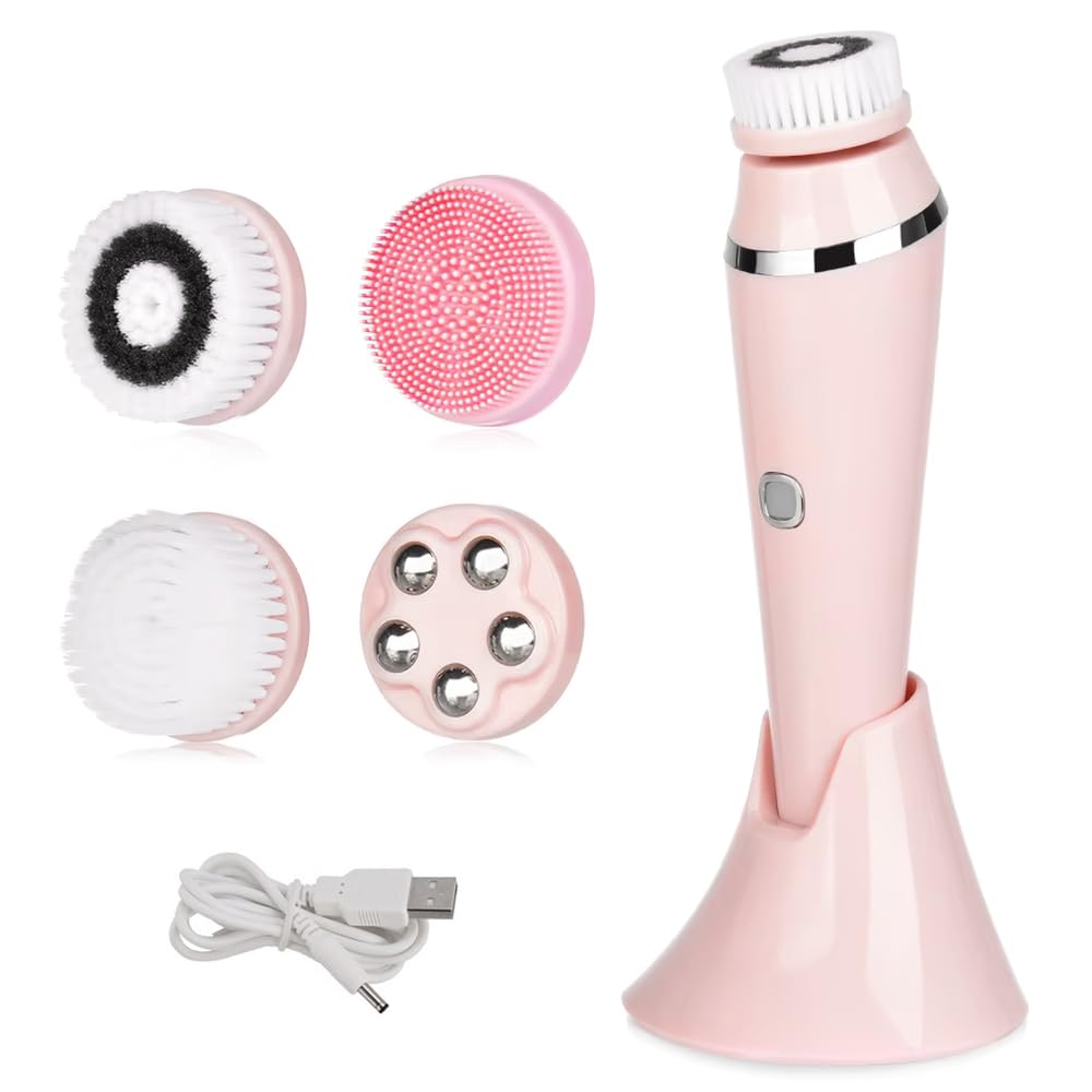 Electric Facial Cleansing Brush, 2-Way Rotating Face Scrubber with 3 Modes, 4 Interchangeable Brush Heads, Rechargeable, IPX7 Waterproof for All Skin Types (Daily & Deep Cleaning)