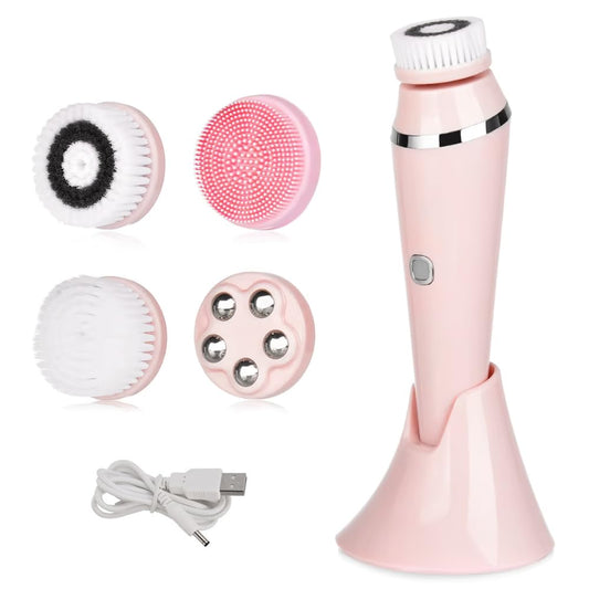 Electric Facial Cleansing Brush, 2-Way Rotating Face Scrubber with 3 Modes, 4 Interchangeable Brush Heads, Rechargeable, IPX7 Waterproof for All Skin Types (Daily & Deep Cleaning)
