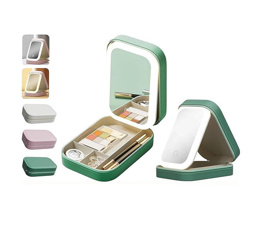 YUANHAILI Portable LED Makeup Bag with Adjustable Light-Up Mirror - Three-Color Lighting | Dust-Proof Cosmetic Case with Multi-Compartment Storage and Jewelry Organizer (Green)