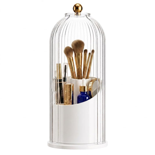 Imakmasion Rotating Makeup Brush Holder with Lid, 360° Cosmetic Organizer for Vanity Countertop, 3-Slot Fluted Brush Storage with Dustproof Cover, Bathroom Display Case, Clear, Transparent