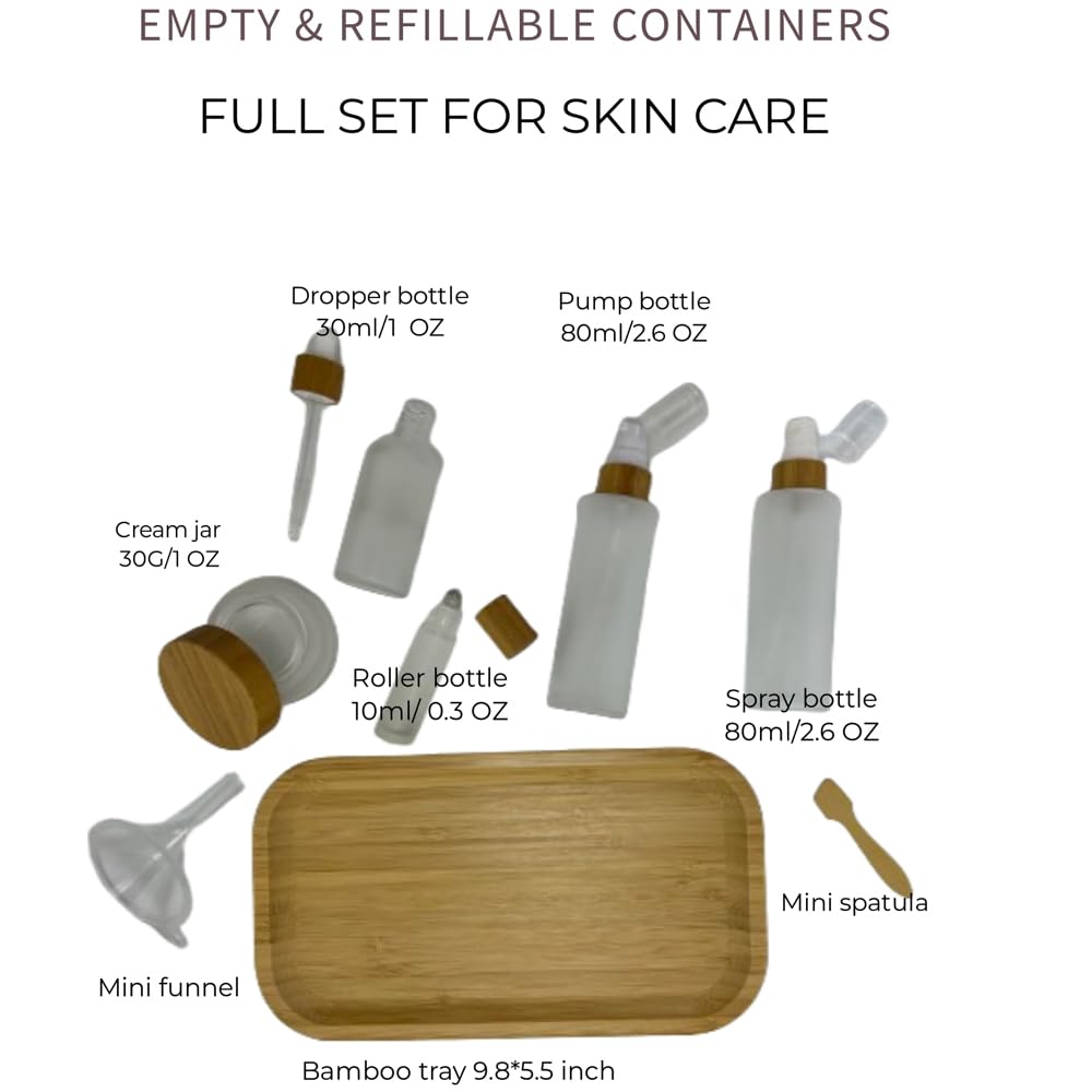 BEECO GIF2U Empty Refillable Frosted Glass Cosmetic Containers with Bamboo Cover - 5 Pack, Spray Bottle, Lotion Pump, Dropper, Roller and Cream Jar for Cosmetic Storage with Tray