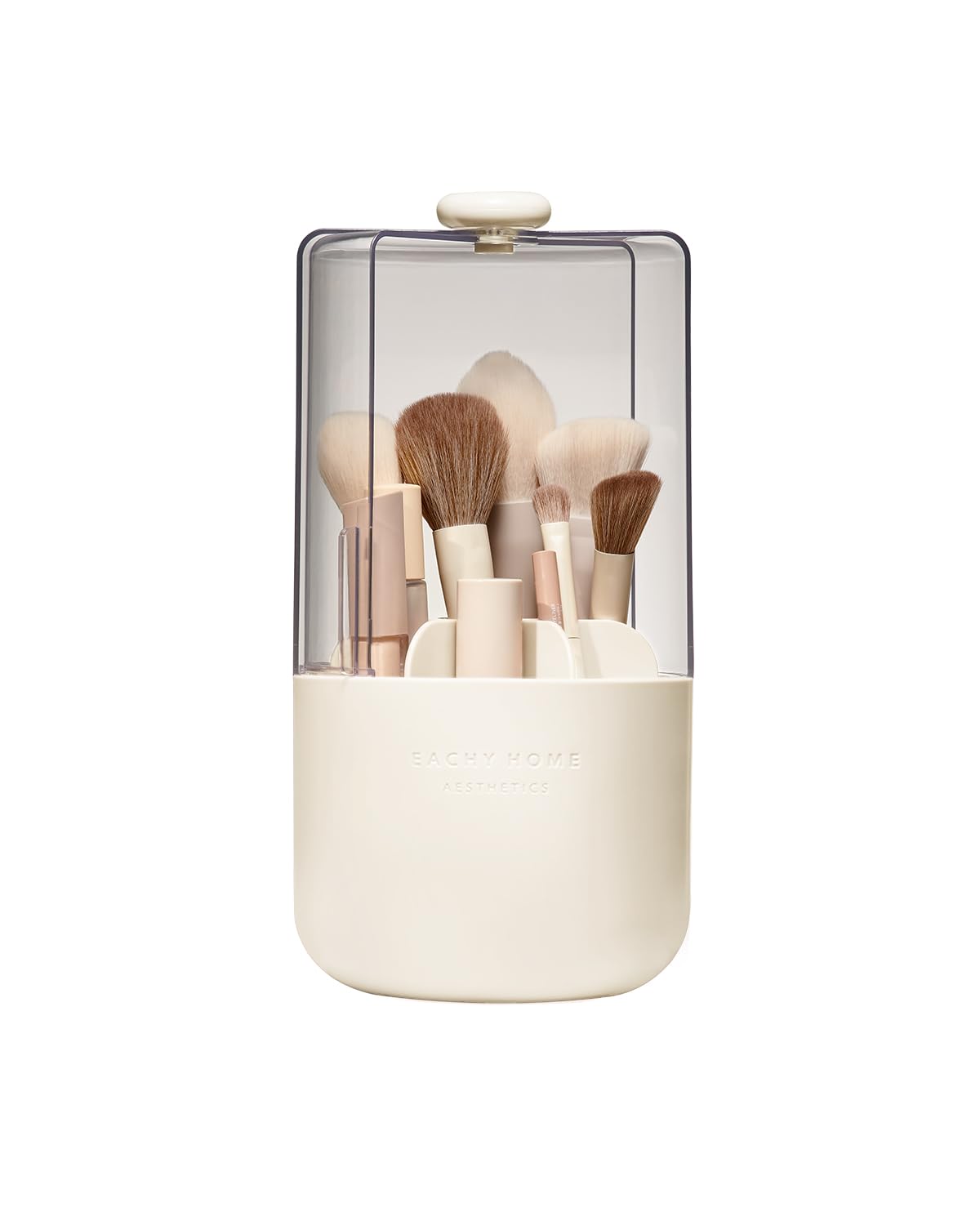 EACHY Makeup Brush Holder with Lid, 360° Rotating Vanity Organizer for Brushes, Dustproof Cosmetic Display Case, 7 Compartments, Waterproof Plastic (Beige)