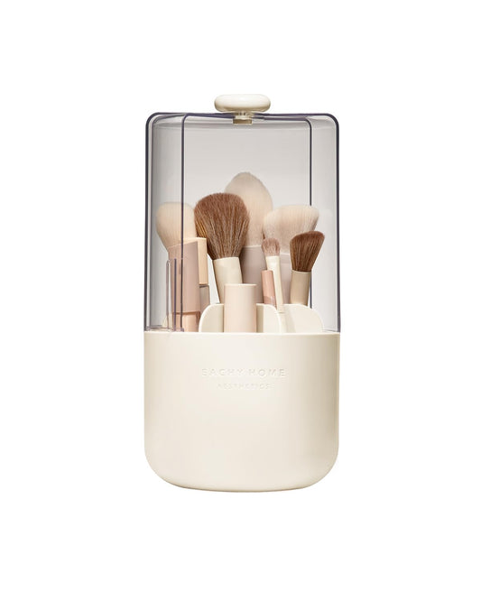 EACHY Makeup Brush Holder with Lid, 360° Rotating Vanity Organizer for Brushes, Dustproof Cosmetic Display Case, 7 Compartments, Waterproof Plastic (Beige)