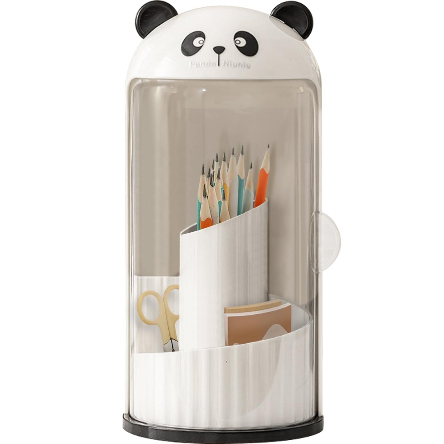 EHERDM Rotating Makeup Brush Holder with Compartments Panda Brush Storage Bucket Side Opening Cosmetic Display Case with Lid Large Capacity Desktop Pen Organizer