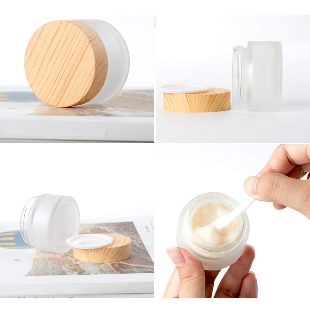 Healthcom 10 Packs 15ml/15g Empty Sample Jars Frosted Glass Cream Jar Bottle with Wood Grain Lid Cosmetic Containers Glass Cream Box Refillable Glass Cream Jar Pot for Makeup Lotion Face Eyeshadow