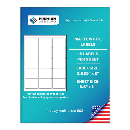 Premium Label Supply White Sticker Labels – 2.625" x 2" – Laser/Inkjet Compatible – (15 per Sheet), 25 Sheets – 375 Total Adhesive Labels