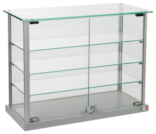 Displays2go Countertop Glass Display Case – Silver Aluminum Frame with 3 Adjustable Shelves & Locking Doors, EuroVu Series (165ANTSV)