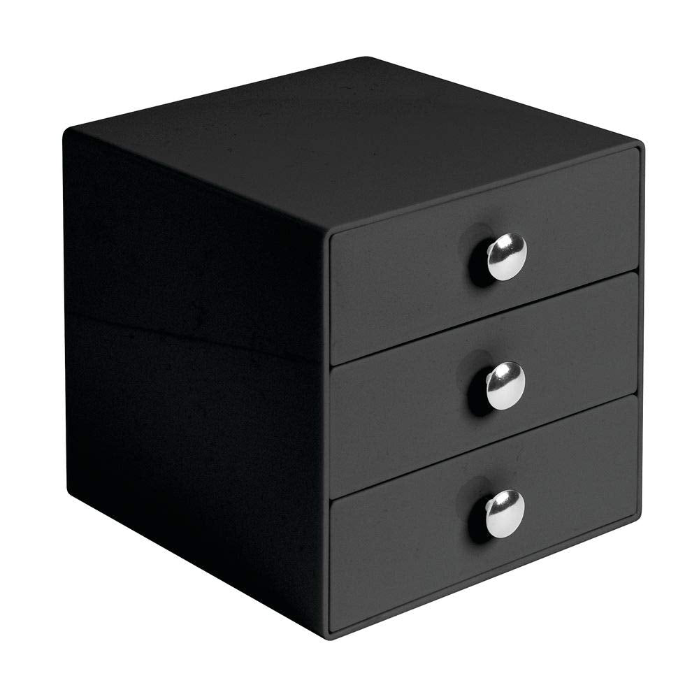 iDesign 35360 3-Drawer Plastic Vanity Organizer, Compact Storage Organization Set for Cosmetics, Dental Supplies, Hair Care, Bathroom, Dorm, Desk, Countertop, Office, 6.5" x 6.5" x 6.5", Black