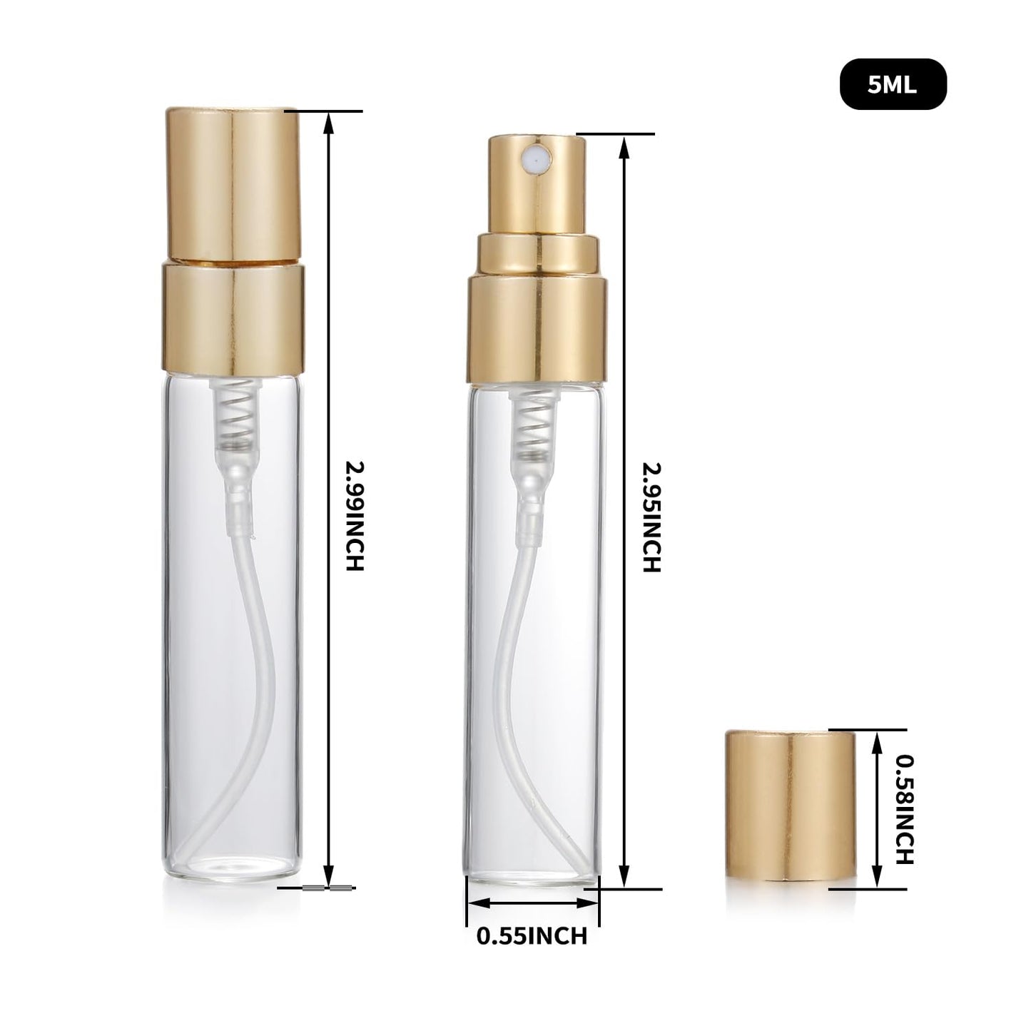 Jxcmeng 20Pcs 5ml Empty Clear Glass Mist Spray Bottle Refillable Mini Perfume Atomizer Travel Sample Bottle with Golden Aluminized Nozzle Makeup Container for Perfume (5ml Gold Caps)
