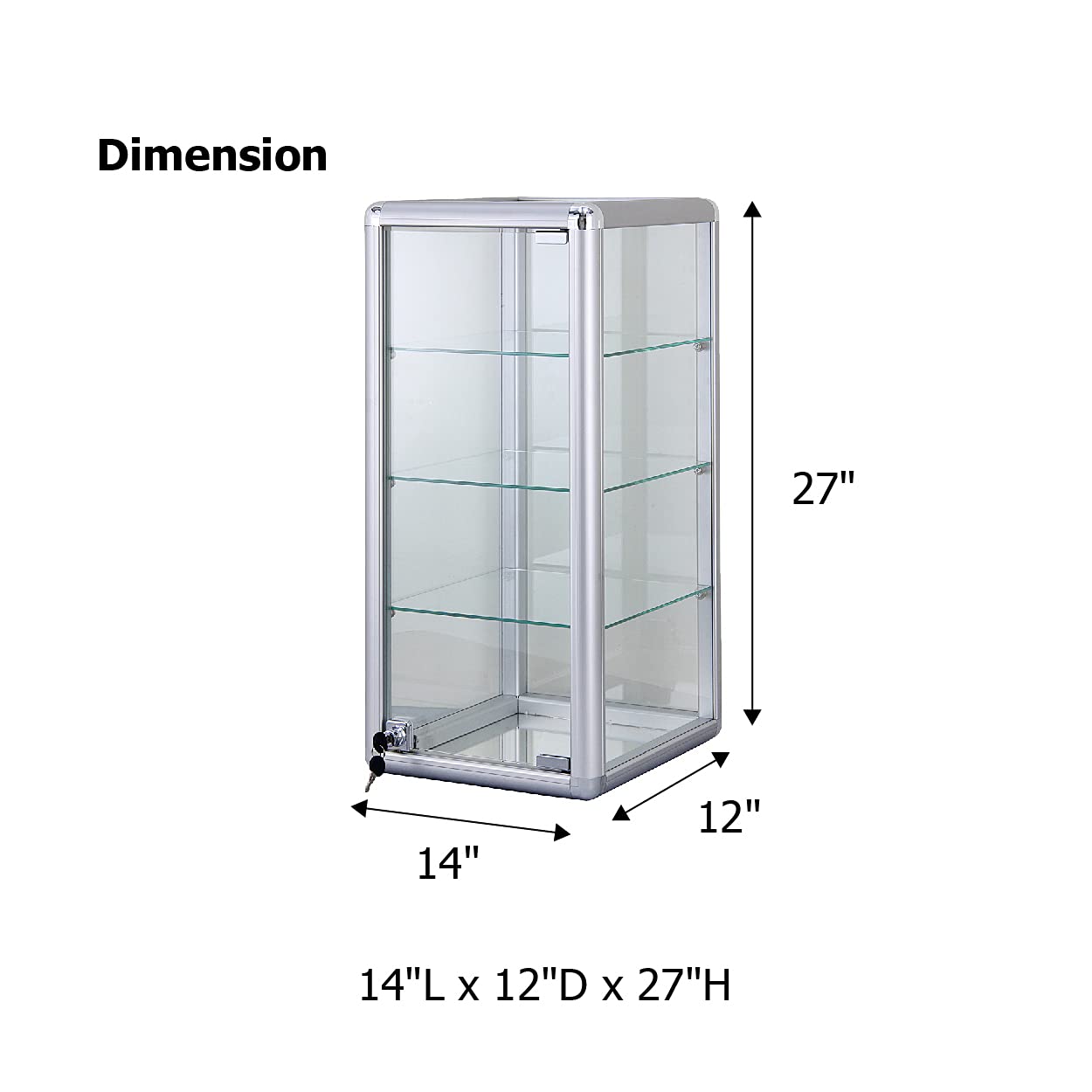 StoreDisplays 3 Shelf Sturdy H Glass Display Countertop Aluminum Frame Tempered Glass Showcase- 14" L x 12" D x 27" H (Silver)