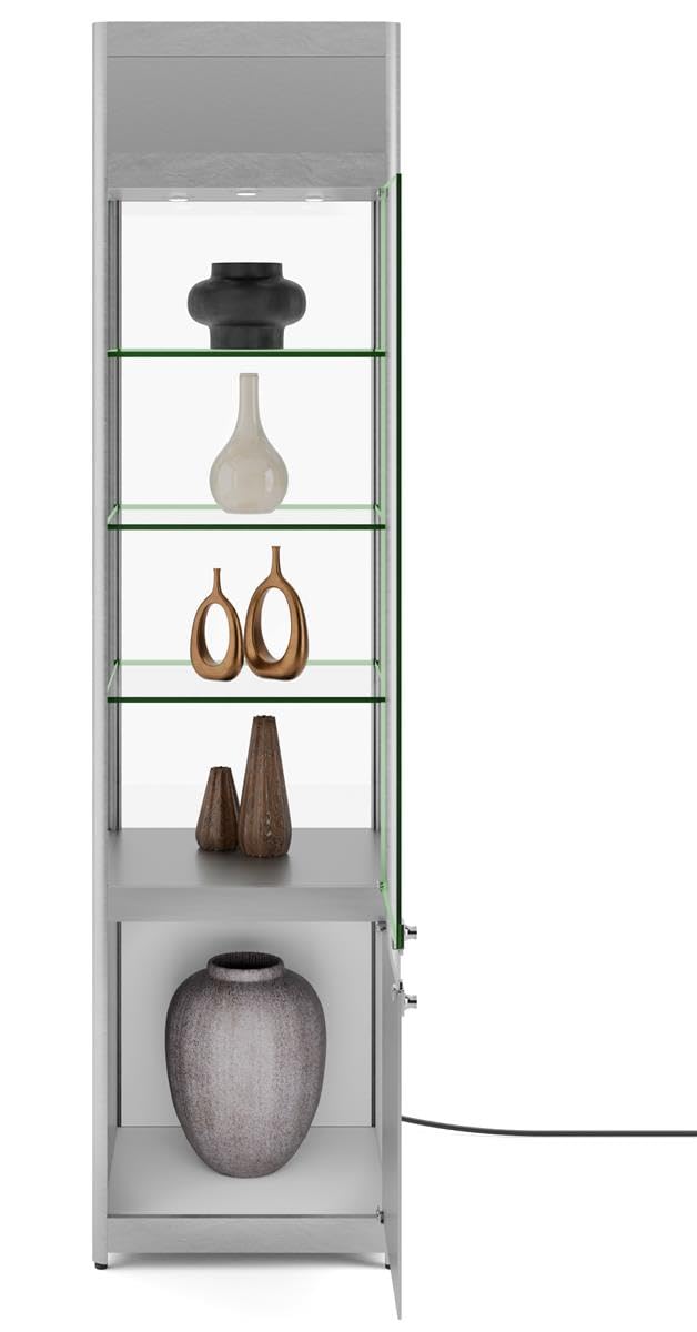Displays2go, Retail Showcase Tower with Lighting, Laminated MDF, Aluminum, Tempered Glass, Silver (SCTWRLEDS)