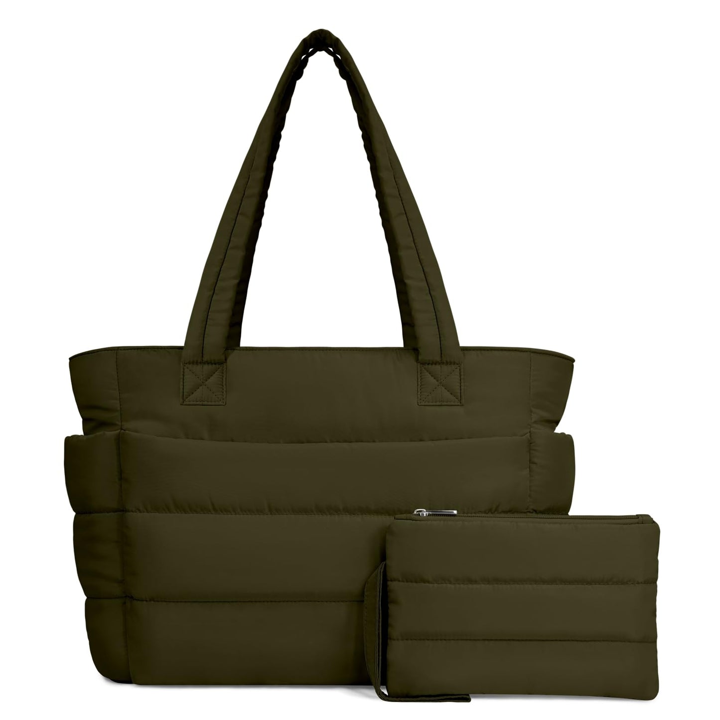 TOPDesign Puffer Tote Bag for Women, Lightweight Puffy Handbag with Compartments & Cosmetic Bag, Quilted Shoulder Bags for Work, Travel, Gym, Gifting (M Dark Green)