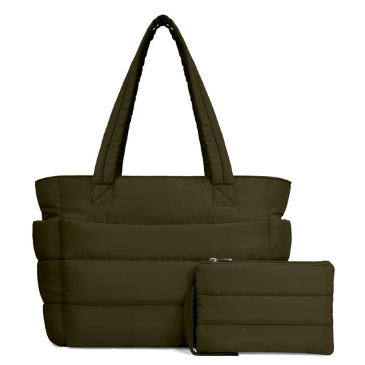 TOPDesign Puffer Tote Bag for Women, Lightweight Puffy Handbag with Compartments & Cosmetic Bag, Quilted Shoulder Bags for Work, Travel, Gym, Gifting (M Dark Green)